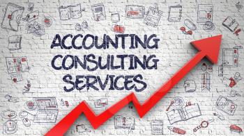 Accounting Consulting Services - Success Concept. Inscription on Brick Wall with Hand Drawn Icons Around. Accounting Consulting Services - Line Style Illustration with Doodle Elements. 