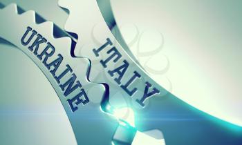 Italy Ukraine on the Shiny Metal Gears, Business Illustration with Lens Effect. Italy Ukraine on the Mechanism of Metal Cog Gears. Enterprises Concept in Technical Design. 3D.