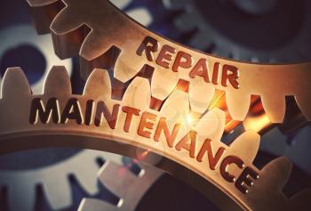Repair Maintenance on Mechanism of Golden Metallic Cog Gears with Lens Flare. Repair Maintenance - Concept. 3D Rendering.