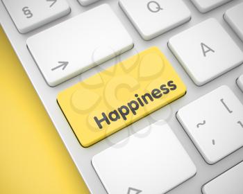 White Keyboard Keypad Showing the Inscription Happiness. Message on Keyboard Yellow Button. Happiness Button on the Aluminum Keyboard. 3D Illustration.