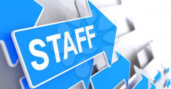 Staff - Blue Cursor with a Message Indicates the Direction of Movement. Staff, Inscription on Blue Arrow. 3D Illustration.