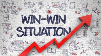 White Brickwall with Win-Win Situation Inscription and Red Arrow. Success Concept. Win-Win Situation - Line Style Illustration with Doodle Elements. 