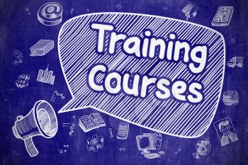 Speech Bubble with Wording Training Courses Doodle. Illustration on Blue Chalkboard. Advertising Concept. 