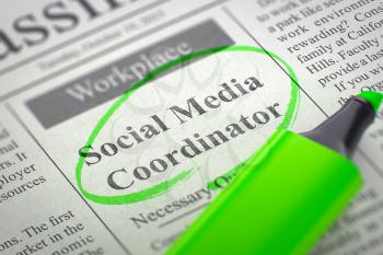 Social Media Coordinator. Newspaper with the Classified Advertisement of Hiring, Circled with a Green Highlighter. Blurred Image. Selective focus. Job Seeking Concept. 3D Illustration.