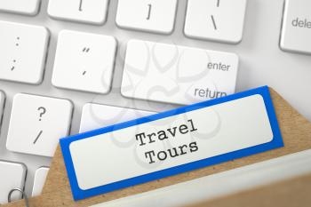 Travel Tours. Orange Folder Index Concept on Background of White Modern Computer Keyboard. Business Concept. Closeup View. Selective Focus. 3D Rendering.
