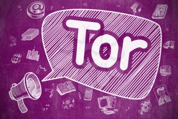 Speech Bubble with Wording Tor - The Onion Router Doodle. Illustration on Purple Chalkboard. Advertising Concept. 