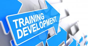 Training Development - Blue Arrow with a Text Indicates the Direction of Movement. Training Development, Text on Blue Cursor. 3D.