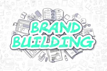 Cartoon Illustration of Brand Building, Surrounded by Stationery. Business Concept for Web Banners, Printed Materials. 