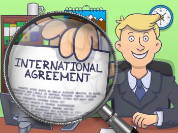 Businessman in Suit Holding a Concept on Paper International Agreement Concept through Lens. Closeup View. Colored Doodle Style Illustration.