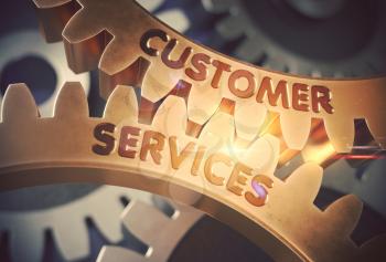 Customer Services on Mechanism of Golden Cog Gears with Lens Flare. Customer Services - Concept. 3D Rendering.