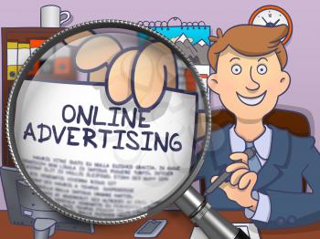 Online Advertising through Magnifying Glass. Business Man Holding a Paper with Inscription. Closeup View. Colored Doodle Illustration.
