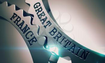 Great Britain France on the Mechanism of Shiny Metal Gears. Interaction Concept in Technical Design. Great Britain France on the Shiny Metal Cogwheels, Interaction Illustration with Lens Flare. 3D.
