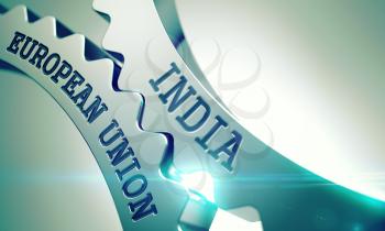 India European Union - Communication Concept. India European Union on the Metallic Cog Gears, Communication Illustration with Glow Effect. 3D Illustration.