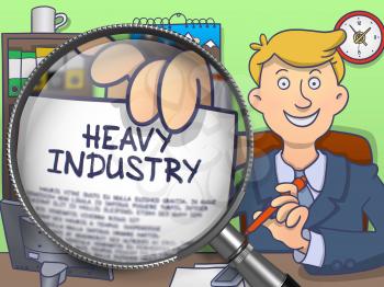 Business Man in Suit Holds Out a Text on Paper Heavy Industry Concept through Magnifier. Closeup View. Multicolor Doodle Style Illustration.