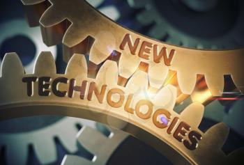 New Technologies - Industrial Design. New Technologies on Mechanism of Golden Metallic Gears with Glow Effect. 3D Rendering.