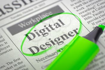 Digital Designer - Classified Advertisement of Hiring in Newspaper, Circled with a Green Highlighter. Blurred Image. Selective focus. Job Seeking Concept. 3D.