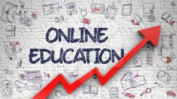 Online Education - Success Concept. Inscription on the White Brickwall with Doodle Design Icons Around. Online Education Drawn on White Brickwall. Illustration with Hand Drawn Icons. 