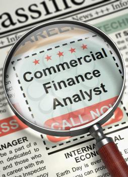 Commercial Finance Analyst - Searching Job in Newspaper. Commercial Finance Analyst - Close Up View Of A Classifieds Through Magnifying Lens. Job Seeking Concept. Selective focus. 3D Rendering.
