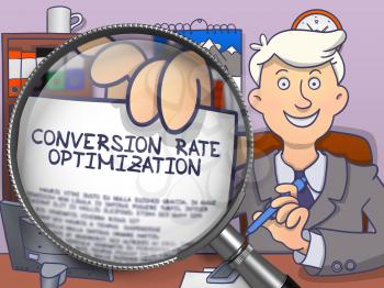 Conversion Rate Optimization. Cheerful Officeman Welcomes in Office and Holds Out a Paper with Inscription through Lens. Multicolor Doodle Illustration.
