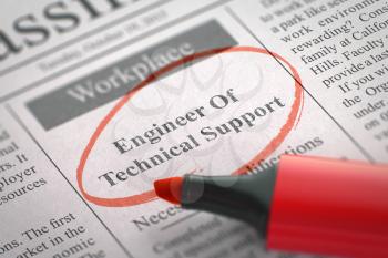 Engineer Of Technical Support. Newspaper with the Job Vacancy, Circled with a Red Highlighter. Blurred Image with Selective focus. Concept of Recruitment. 3D.