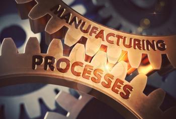 Manufacturing Processes - Industrial Design. Golden Cog Gears with Manufacturing Processes Concept. 3D Rendering.