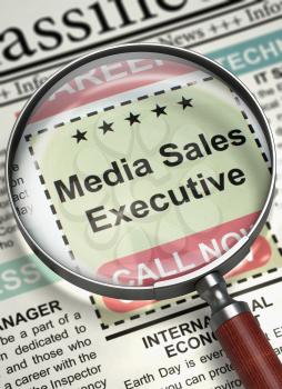 Illustration of Jobs of Media Sales Executive in Newspaper with Loupe. Media Sales Executive - Close View of Jobs in Newspaper with Magnifier. Concept of Recruitment. Blurred Image. 3D.