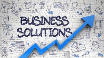 Business Solutions Inscription on the Modern Style Illustration. with Blue Arrow and Doodle Icons Around. Business Solutions - Line Style Illustration with Doodle Elements.