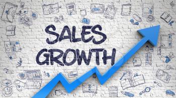 Sales Growth Inscription on Modern Illustration. with Blue Arrow and Hand Drawn Icons Around. Sales Growth - Development Concept with Doodle Icons Around on the White Wall Background.