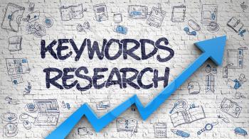Keywords Research - Modern Style Illustration with Doodle Design Elements. Keywords Research - Success Concept with Doodle Design Icons Around on the White Wall Background. 