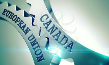 Text Canada European Union on Shiny Metal Cog Gears - Communication Concept. Canada European Union on the Metal Cogwheels, Business Illustration with Glowing Light Effect. 3D.
