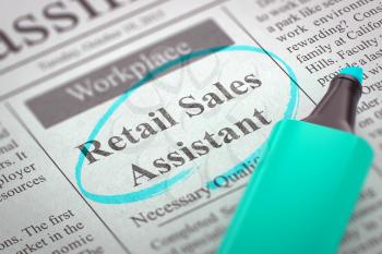 Retail Sales Assistant. Newspaper with the Advertisements and Classifieds Ads for Vacancy, Circled with a Azure Marker. Blurred Image. Selective focus. Concept of Recruitment. 3D.