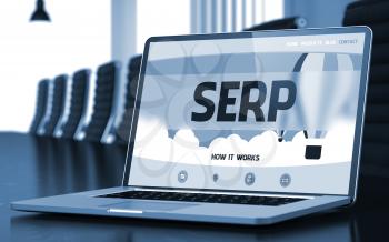 Serp Concept. Closeup of Landing Page on Laptop Display in Modern Meeting Room. Blurred. Toned Image. 3D.