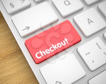Aluminum Keyboard Button Showing the Text Checkout. Message on Keyboard Red Key. Service Concept: Checkout on the Modern Keyboard Background. 3D Render.