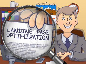 Landing Page Optimization. Paper with Inscription in Business Man's Hand through Magnifier. Multicolor Doodle Illustration.