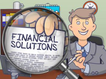 Financial Solutions on Paper in Man's Hand through Magnifier to Illustrate a Business Concept. Multicolor Modern Line Illustration in Doodle Style.
