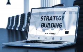 Closeup Strategy Building Concept on Landing Page of Laptop Screen in Modern Conference Hall. Blurred. Toned Image. 3D.