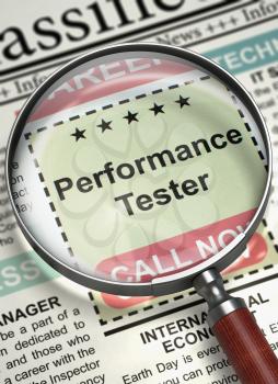 Performance Tester - Small Ads of Job Search in Newspaper. Newspaper with Small Advertising Performance Tester. Concept of Recruitment. Selective focus. 3D Illustration.