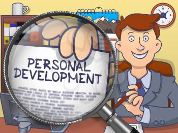Man in Suit Holds Out a Text on Paper Personal Development Concept through Magnifying Glass. Closeup View. Colored Modern Line Illustration in Doodle Style.