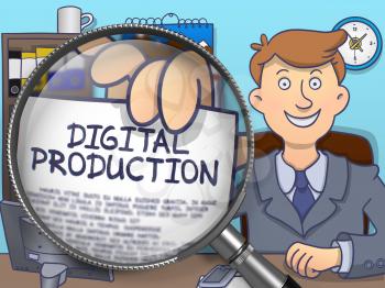 Digital Production through Magnifying Glass. Businessman Holding a Concept on Paper. Closeup View. Multicolor Modern Line Illustration in Doodle Style.