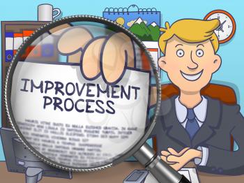 Improvement Process through Lens. Businessman Showing a Text on Paper. Closeup View. Colored Doodle Style Illustration.
