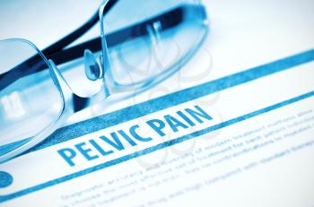 Pelvic Pain - Medical Concept with Blurred Text and Glasses on Blue Background. Selective Focus. 3D Rendering.