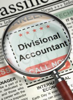 Divisional Accountant - Close Up View Of A Classifieds Through Magnifying Lens. Divisional Accountant - Close View of Jobs in Newspaper with Loupe. Job Search Concept. Blurred Image. 3D Render.