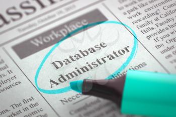Database Administrator - Jobs in Newspaper, Circled with a Azure Marker. Blurred Image with Selective focus. Job Seeking Concept. 3D Rendering.