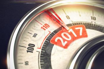 Shiny Metal Speedmeter with Red Punchline Reach the 2017. Illustration with Depth of Field Effect. Scale with Red Needle Pointing the Message 2017 on Red Label. 3D Illustration.