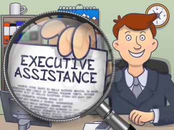 Executive Assistance. Paper with Inscription in Man's Hand through Magnifying Glass. Colored Modern Line Illustration in Doodle Style.