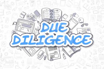 Cartoon Illustration of Due Diligence, Surrounded by Stationery. Business Concept for Web Banners, Printed Materials. 