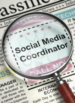 Social Media Coordinator - Searching Job in Newspaper. Column in the Newspaper with the Searching Job of Social Media Coordinator. Job Search Concept. Blurred Image with Selective focus. 3D.