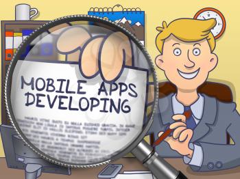 Man in Suit Looking at Camera and Holds Out a Paper with Text Mobile Apps Developing Concept through Magnifier. Closeup View. Multicolor Doodle Style Illustration.