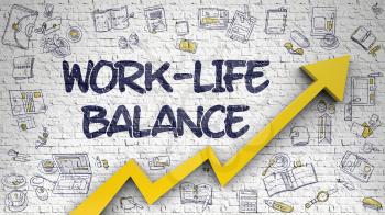 Work-Life Balance Inscription on Line Style Illustration. with Orange Arrow and Doodle Design Icons Around. Work-Life Balance Drawn on Brick Wall. Illustration with Doodle Icons.