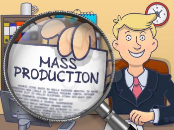 Mass Production. Handsome Officeman Welcomes in Office and Showing Concept on Paper through Magnifying Glass. Multicolor Modern Line Illustration in Doodle Style.